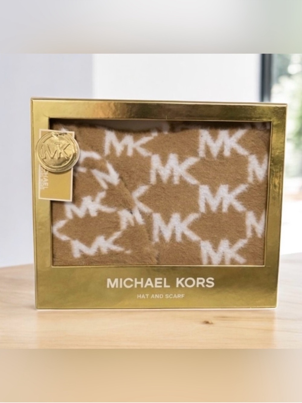 Michael Kors Camel & White Monogram Scarf Set